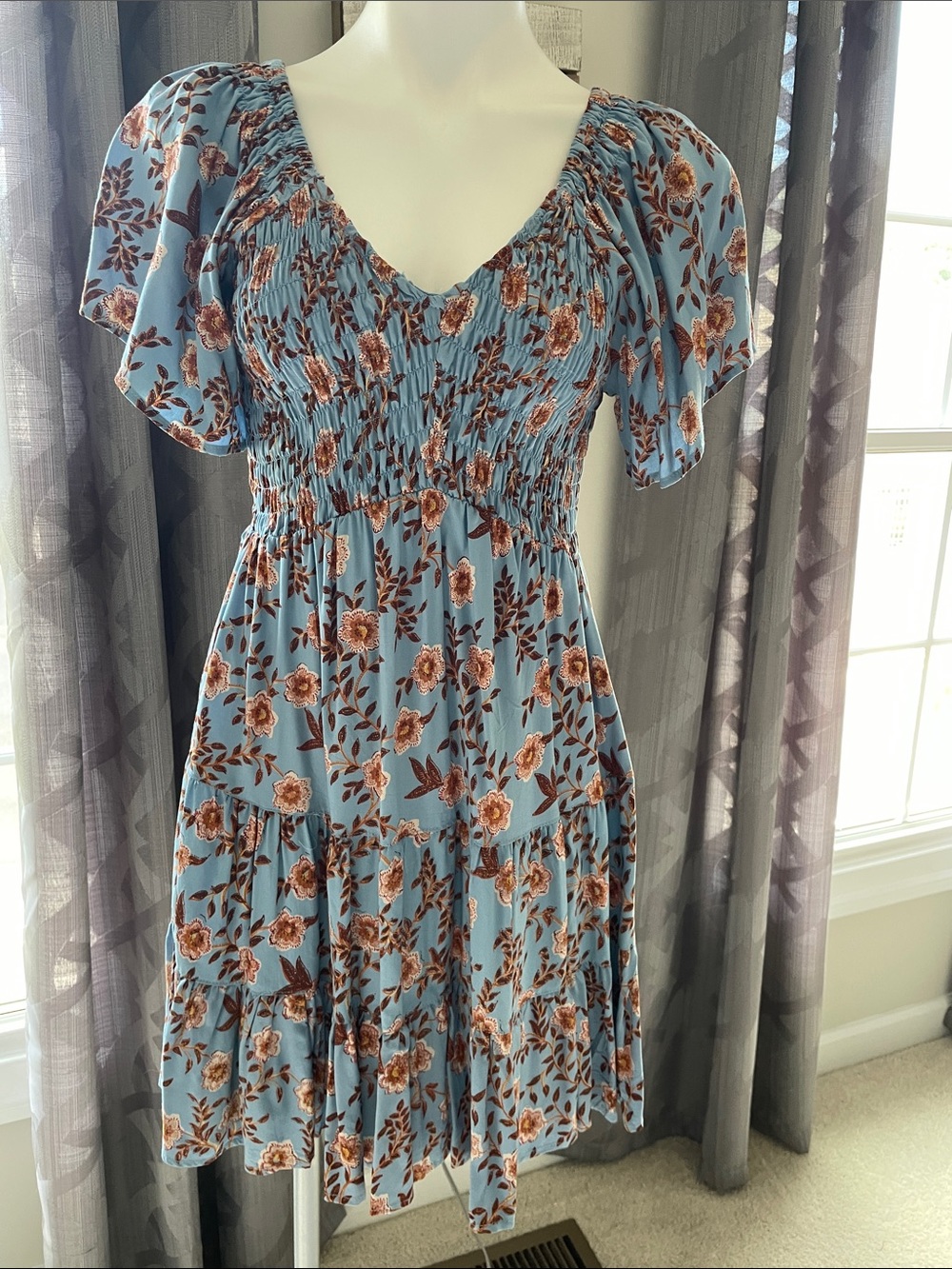 Smocked V-Neck Flutter Sleeve Floral Dress in Light Blue